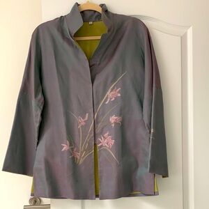 Silk Floral shimmery light Gray and Pink Jacket M rare find from Shanghai